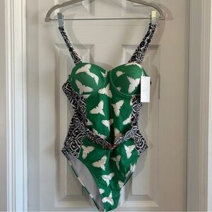 Blue and Green Retro Belted One Piece Swimsuit, Women’s size Medium NWT